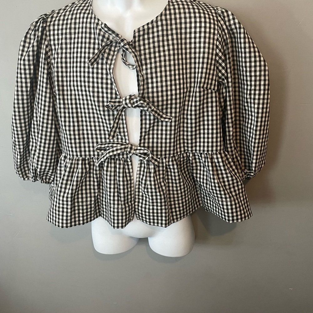 Black and White Gingham Blouse with Bow Ties